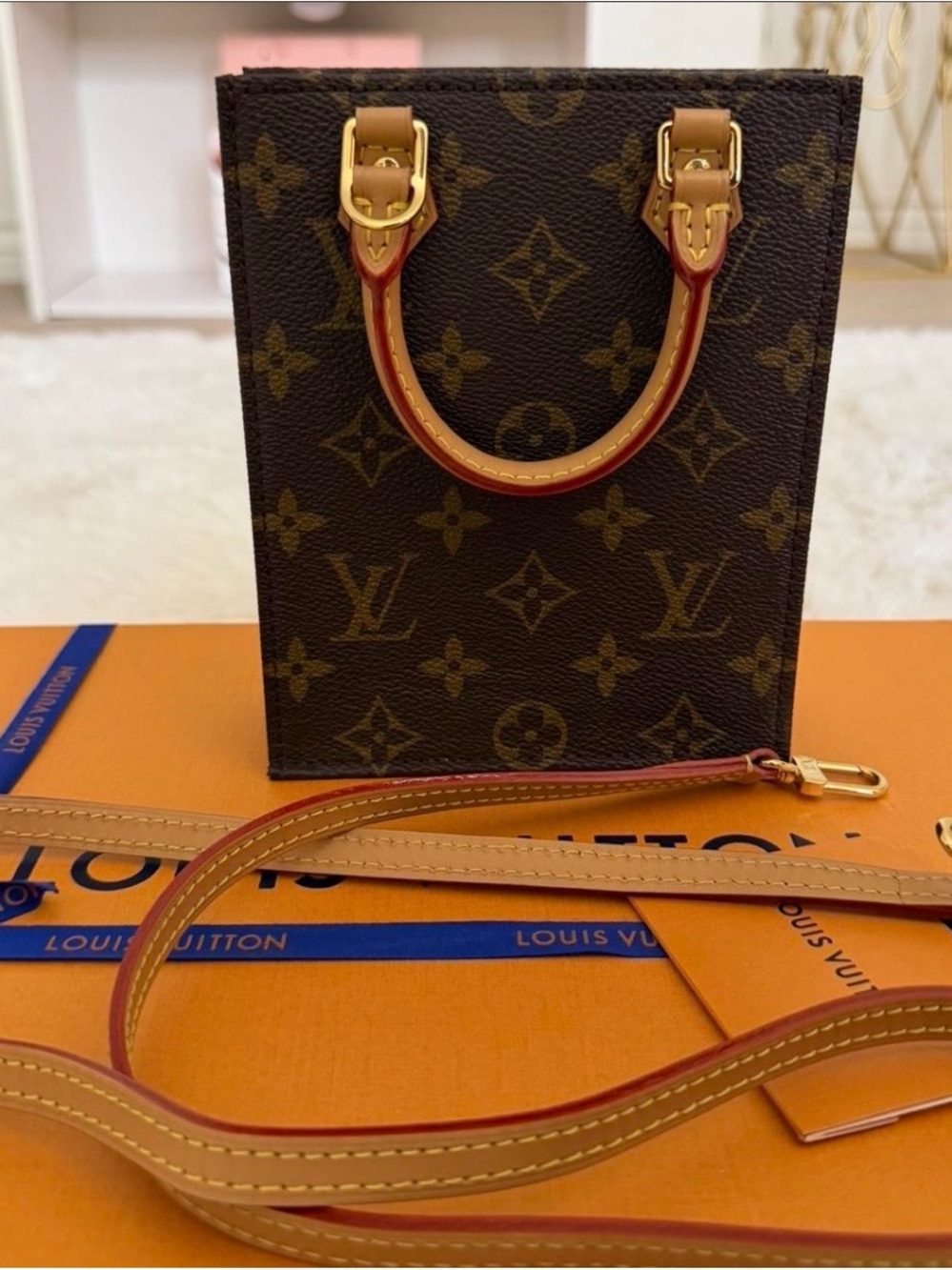 Louis Vuitton Brown Monogram Mini Tote with Tan Handles and Gold Hardware